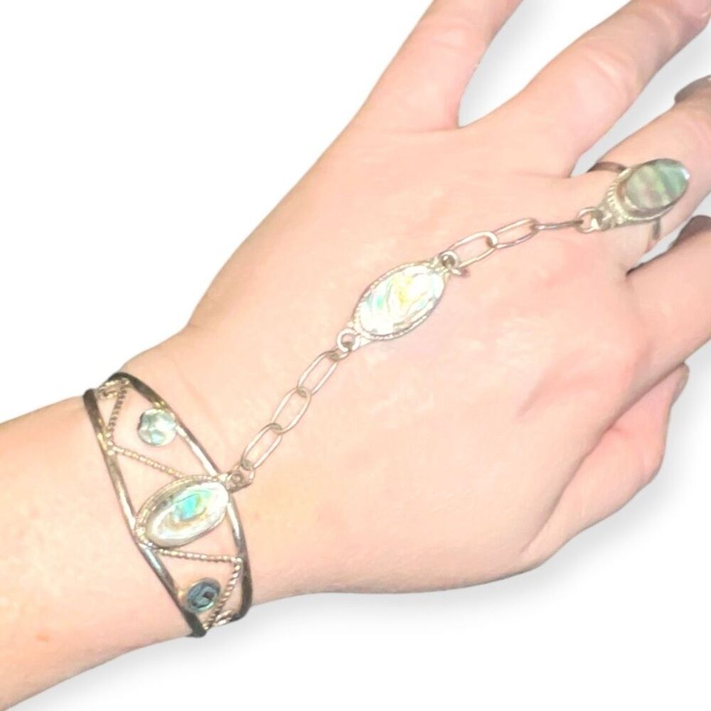 Vintage Mexican Alpaca Silver Slave Bracelet Hand Flower Abalone Ring Cuff - Picture 8 of 10
